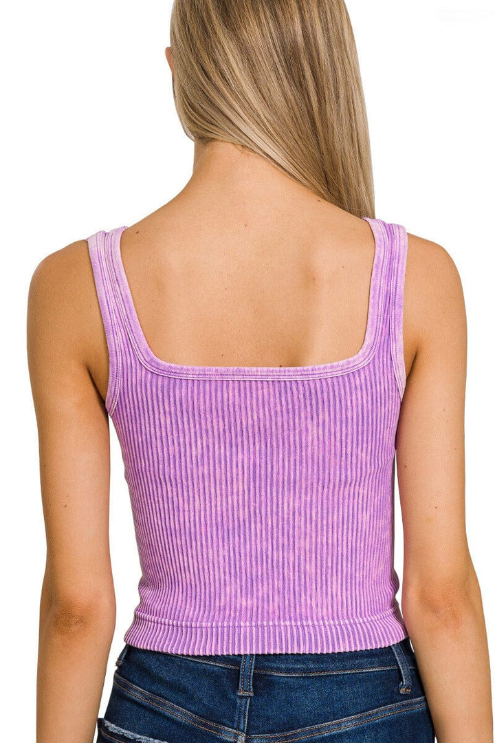 Zenana Washed Ribbed Cropped Tank Top with 2-Way Neckline