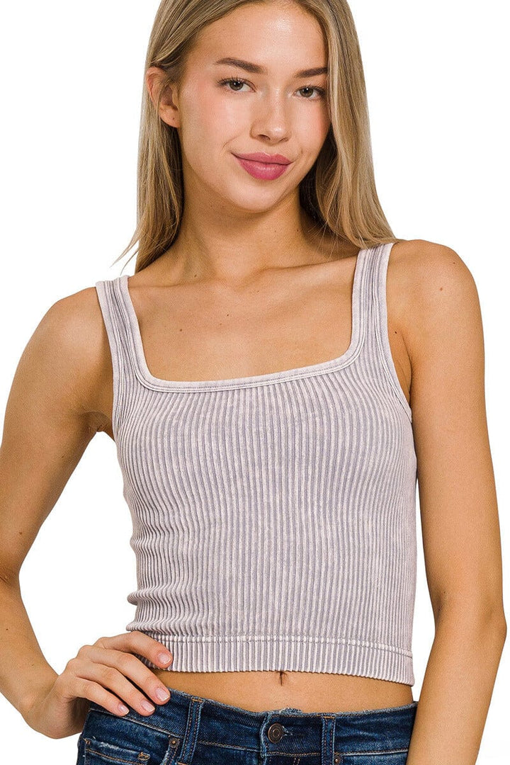 Zenana Washed Ribbed Cropped Tank Top with 2-Way Neckline