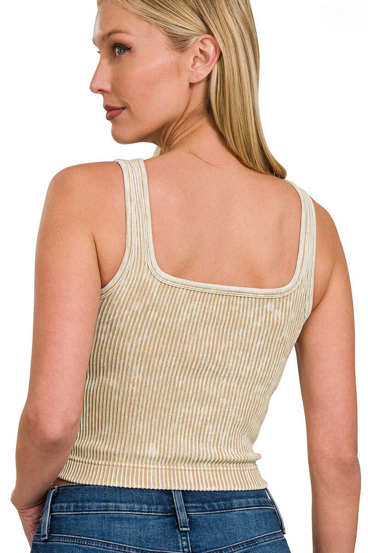 Zenana Washed Ribbed Cropped Tank Top with 2-Way Neckline