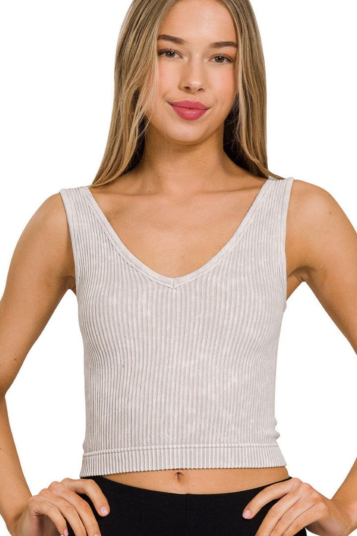 Zenana Washed Ribbed Cropped Tank Top with 2-Way Neckline