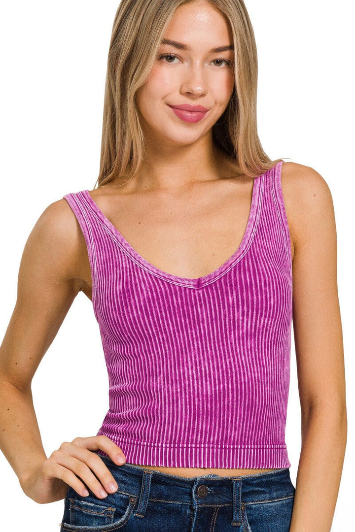 Zenana Washed Ribbed Cropped Tank Top with 2-Way Neckline