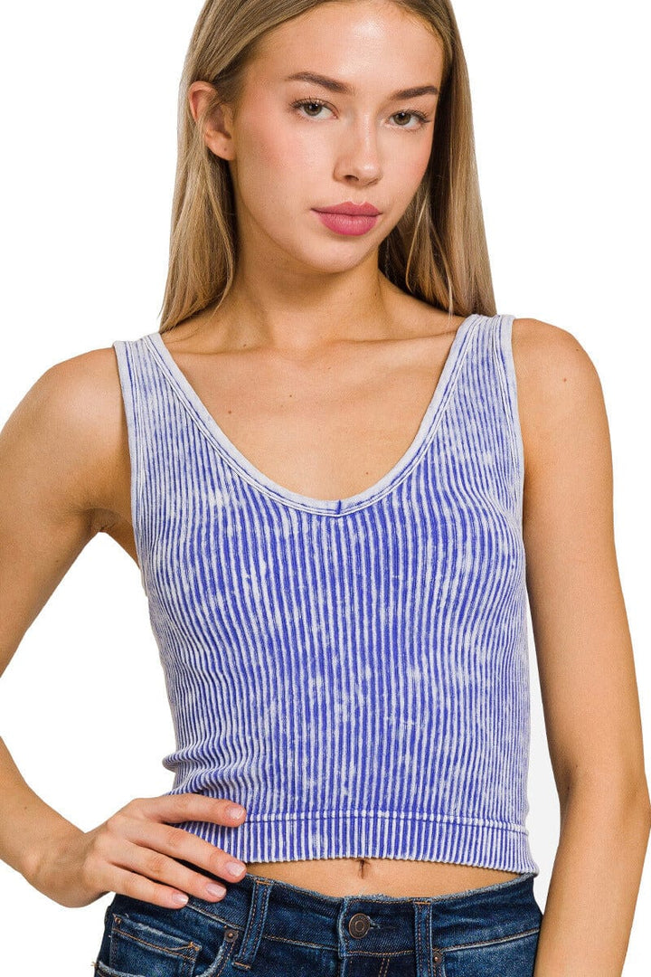 Zenana Washed Ribbed Cropped Tank Top with 2-Way Neckline