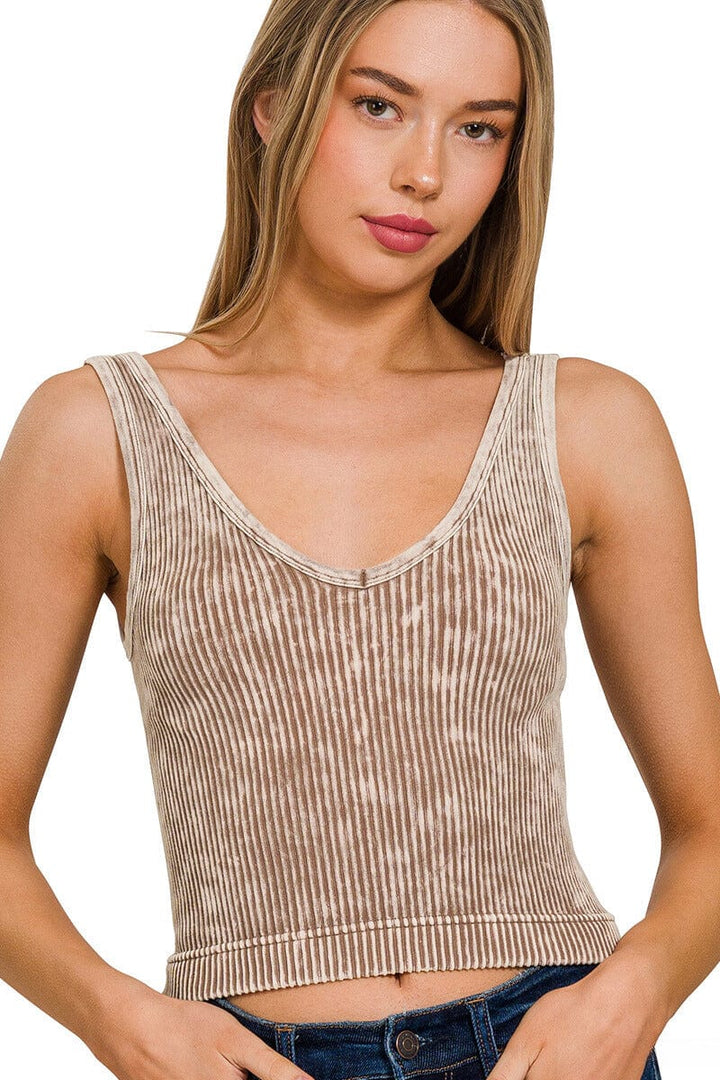 Zenana Washed Ribbed Cropped Tank Top with 2-Way Neckline