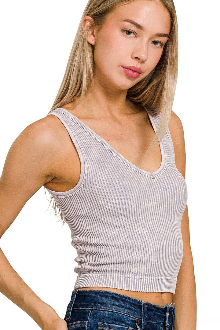 Zenana Washed Ribbed Cropped Tank Top with 2-Way Neckline