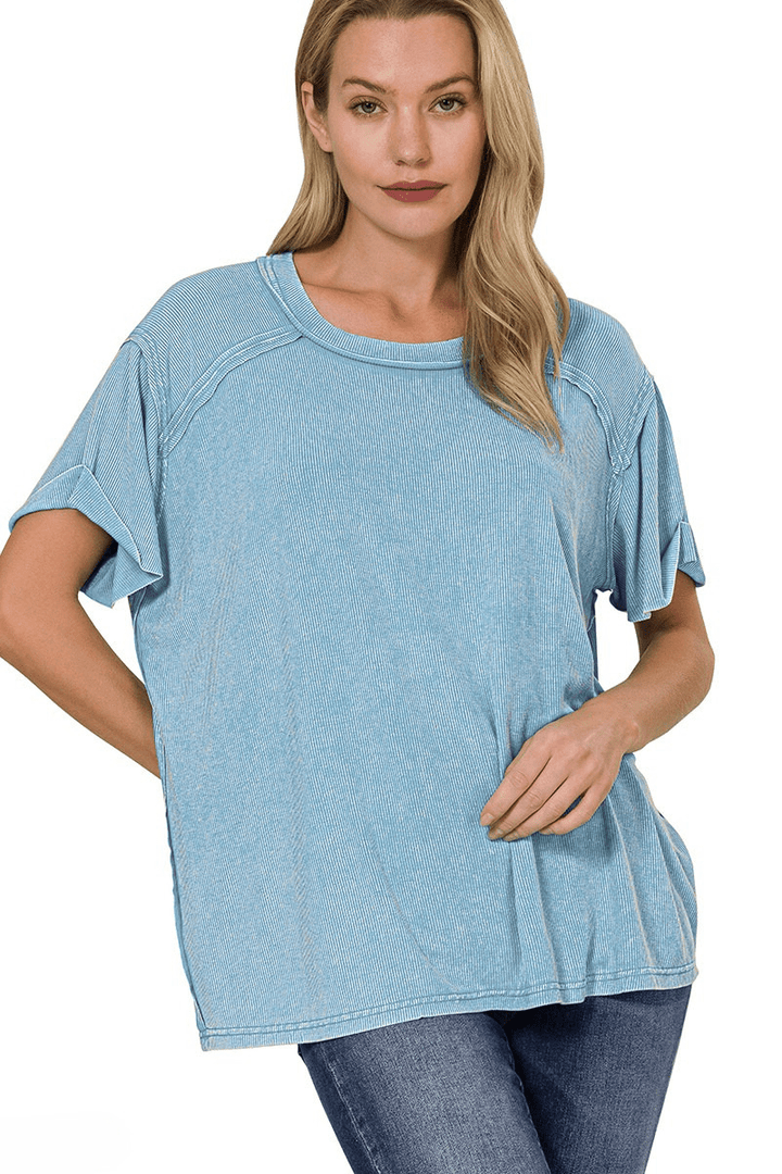 Zenana Washed Ribbed Short Sleeve Boat-Neck Top