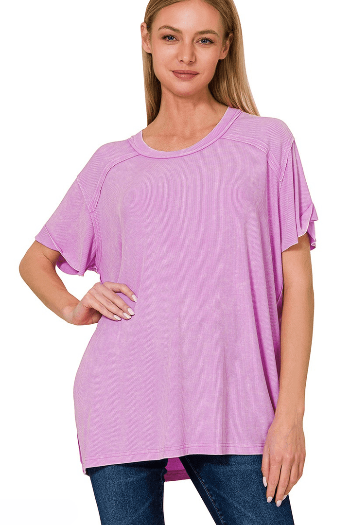 Zenana Washed Ribbed Short Sleeve Boat-Neck Top