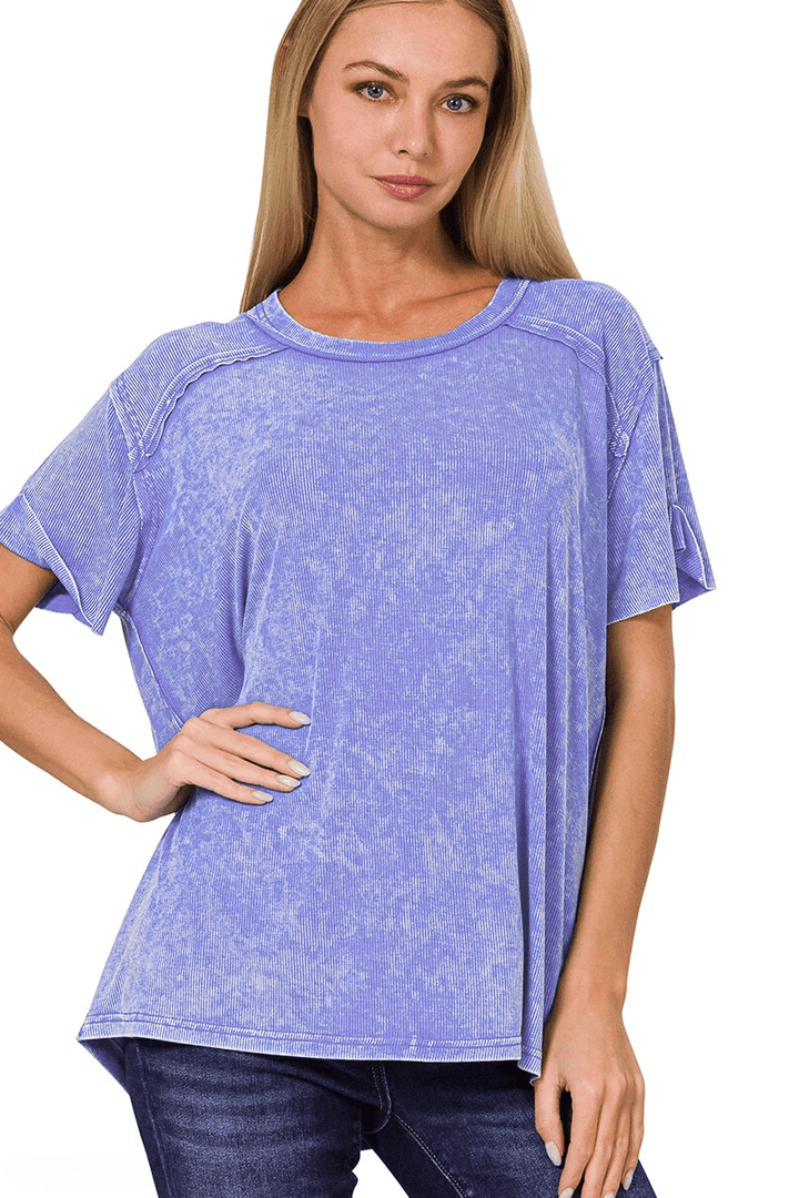 Zenana Washed Ribbed Short Sleeve Boat-Neck Top