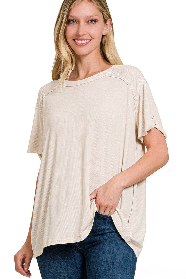 Zenana Washed Ribbed Short Sleeve Boat-Neck Top