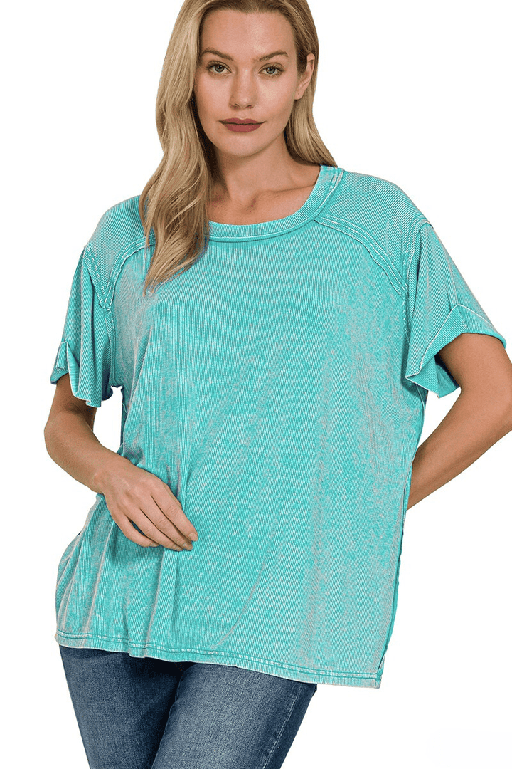 Zenana Washed Ribbed Short Sleeve Boat-Neck Top