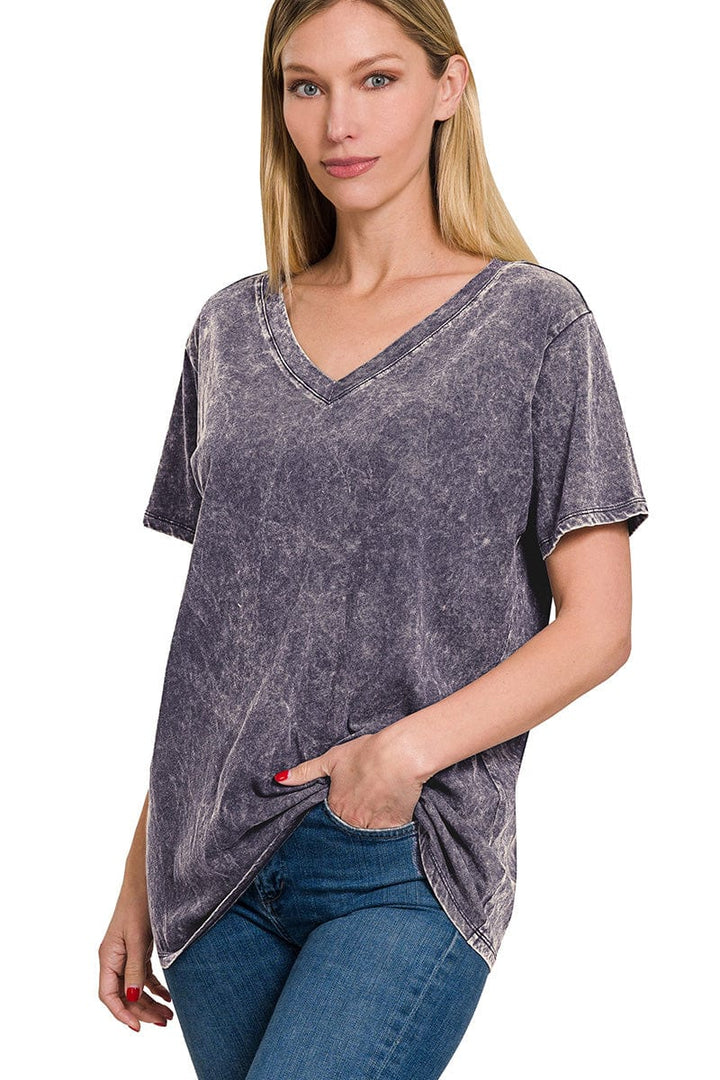 Zenana Washed Short Sleeve V-Neck Top