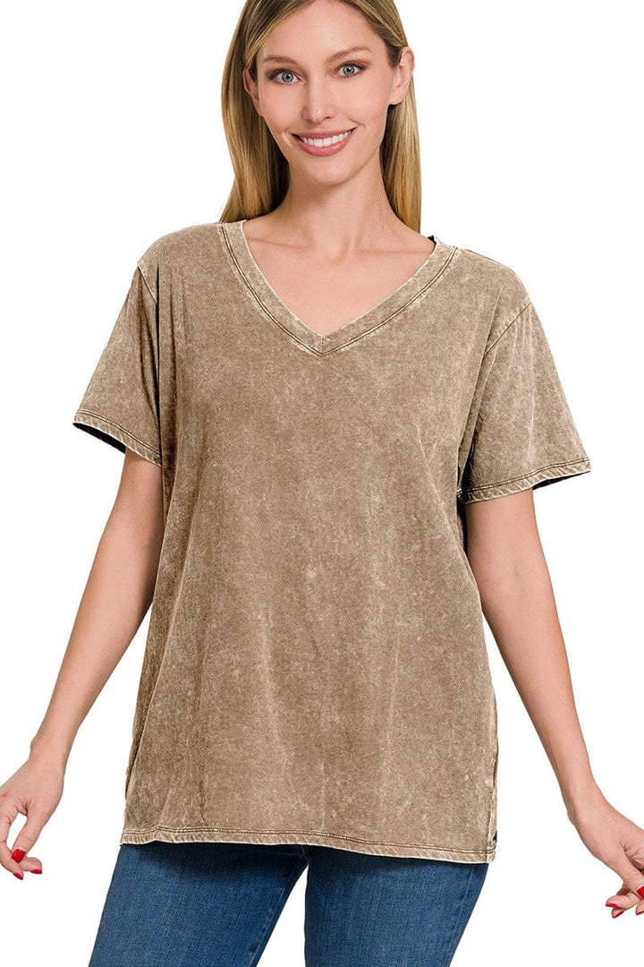 Zenana Washed Short Sleeve V-Neck Top