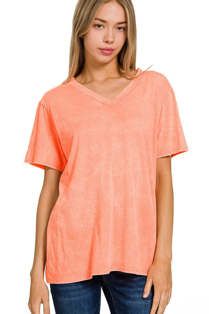 Zenana Washed Short Sleeve V-Neck Top