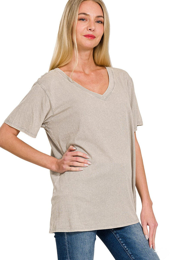 Zenana Washed Short Sleeve V-Neck Top