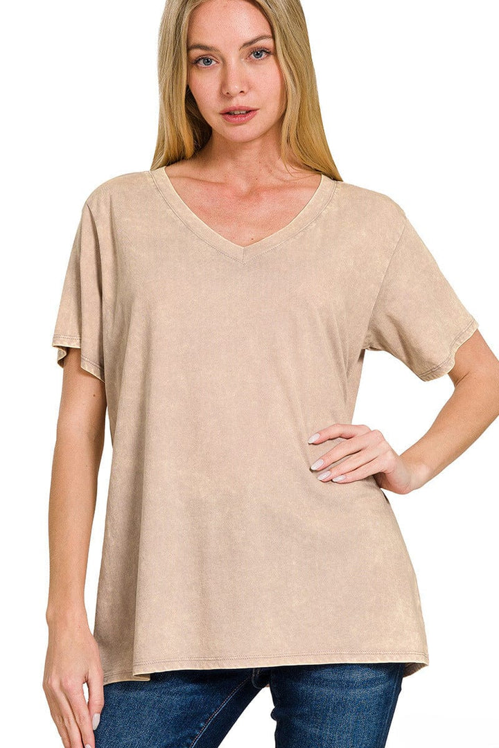 Zenana Washed Short Sleeve V-Neck Top