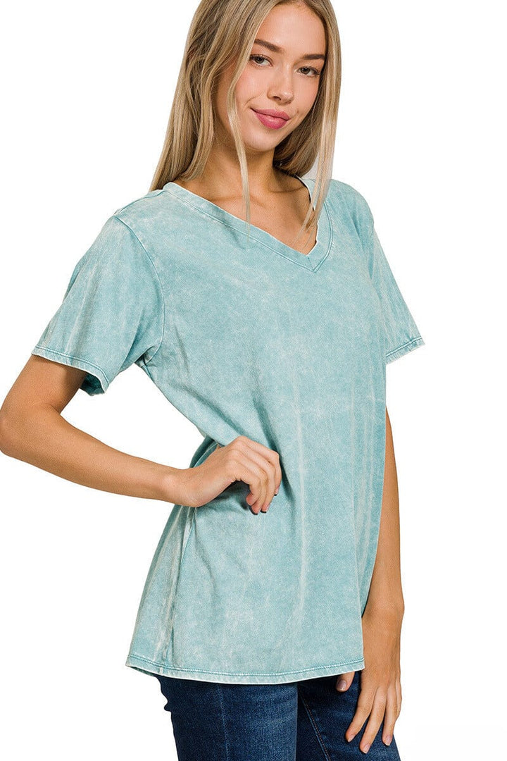 Zenana Washed Short Sleeve V-Neck Top