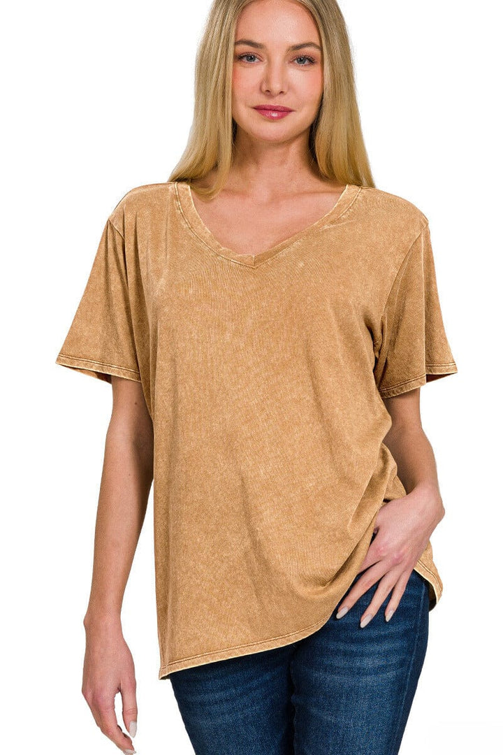 Zenana Washed Short Sleeve V-Neck Top