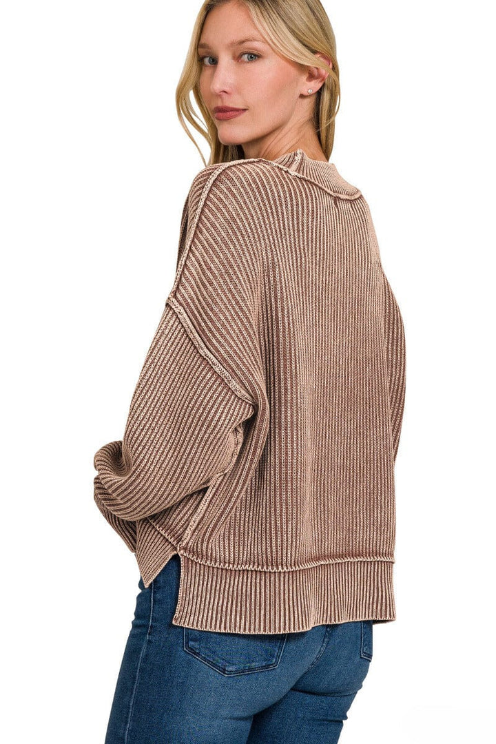 Zenana Washed Side Slit Oversized Cropped Ribbed Sweater