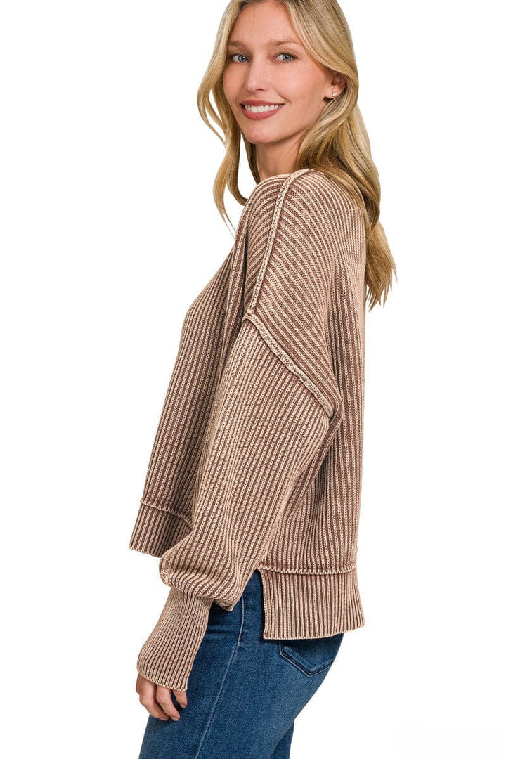 Zenana Washed Side Slit Oversized Cropped Ribbed Sweater