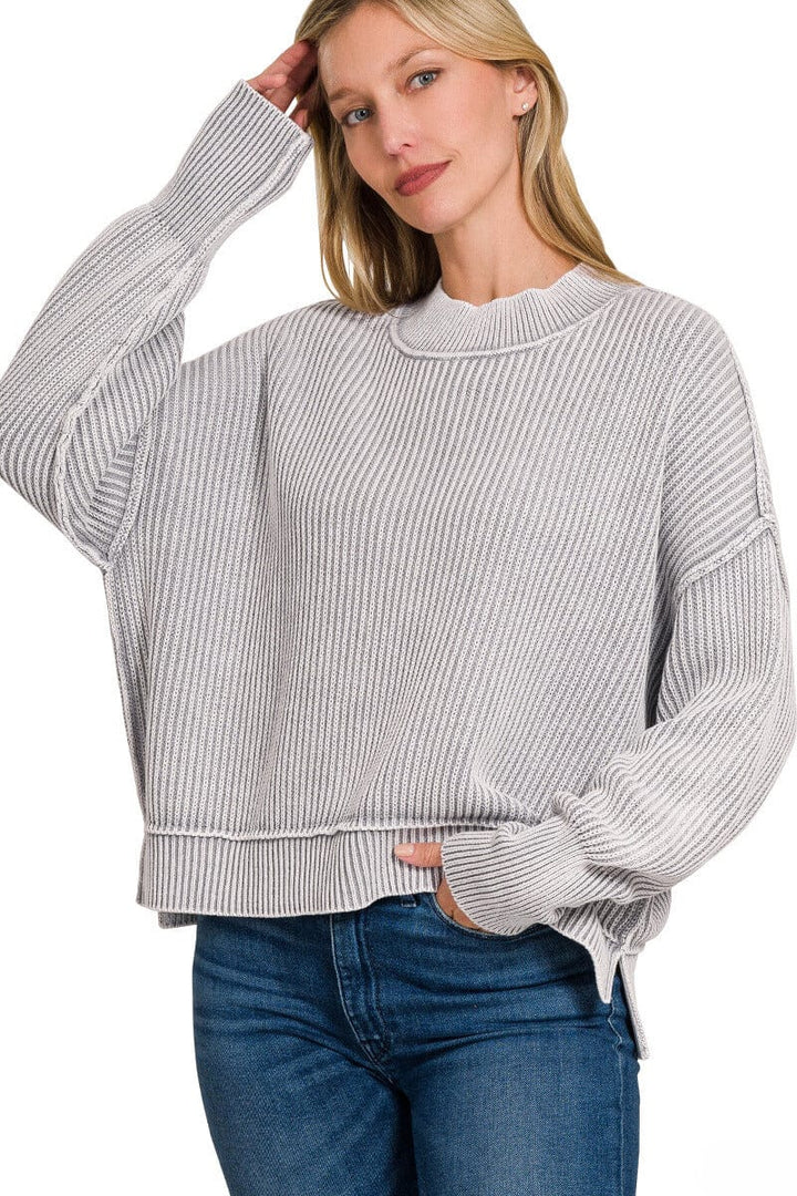 Zenana Washed Side Slit Oversized Cropped Ribbed Sweater