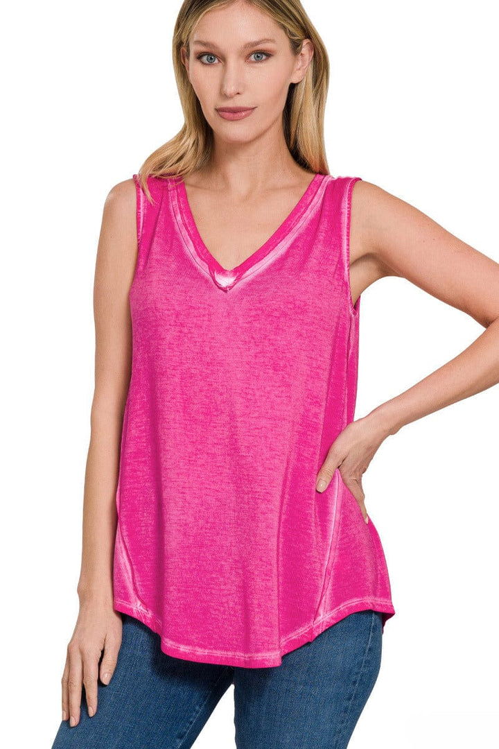 Zenana Washed Sleeveless V-Neck Top with Hi-Low Hem