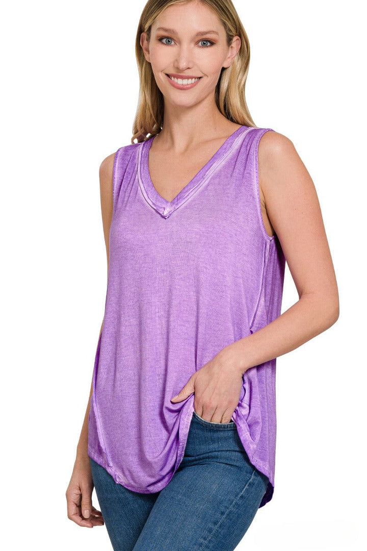 Zenana Washed Sleeveless V-Neck Top with Hi-Low Hem