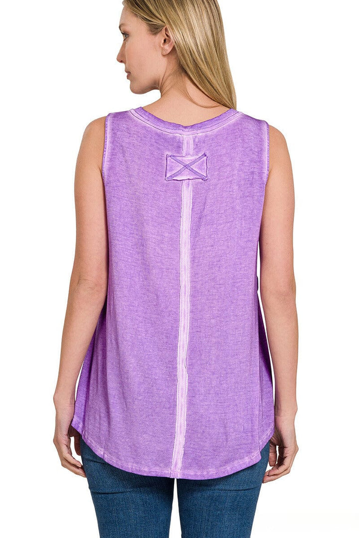 Zenana Washed Sleeveless V-Neck Top with Hi-Low Hem