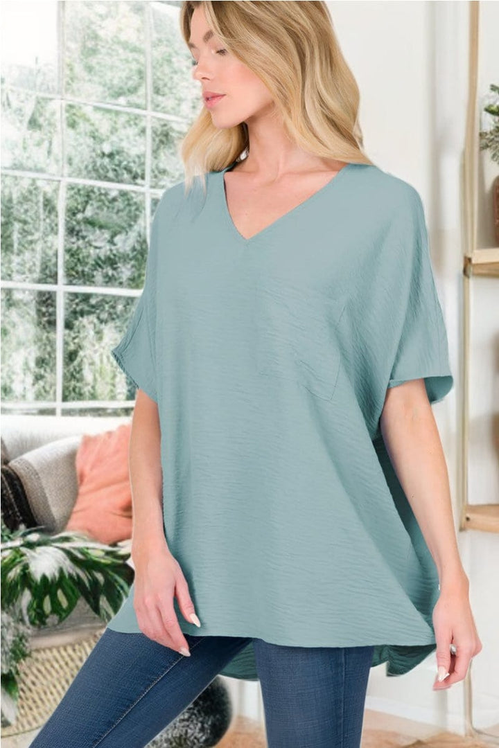 Zenana Woven Airflow V-Neck Dolman Short Sleeve Pocket Top