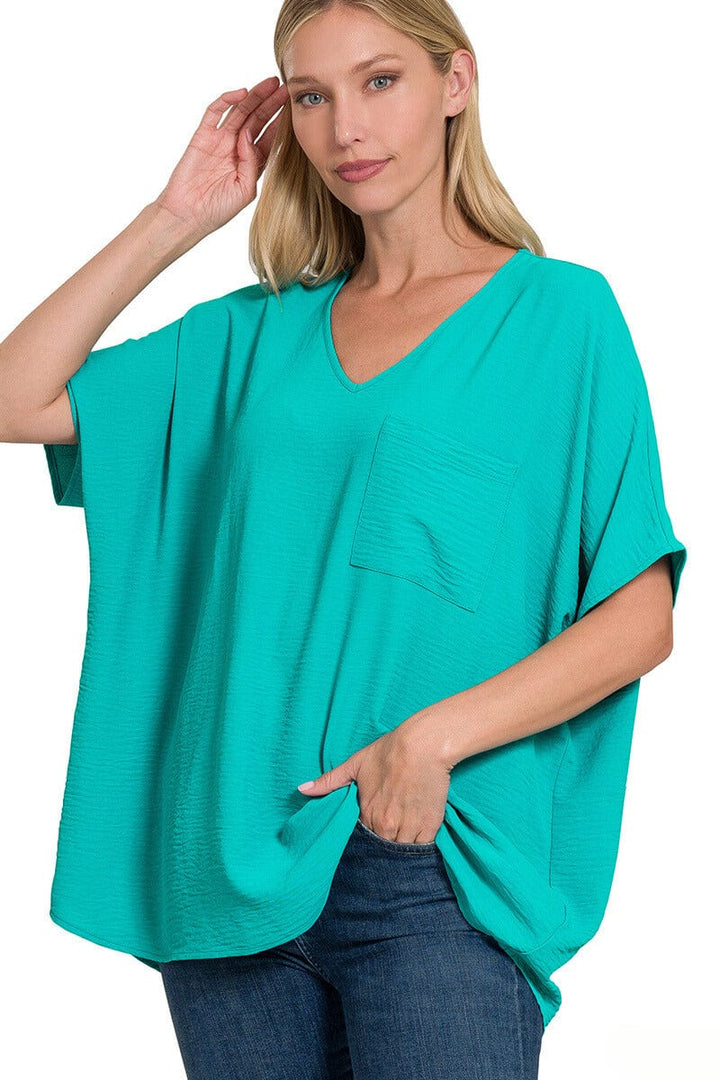 Zenana Woven Airflow V-Neck Dolman Short Sleeve Top