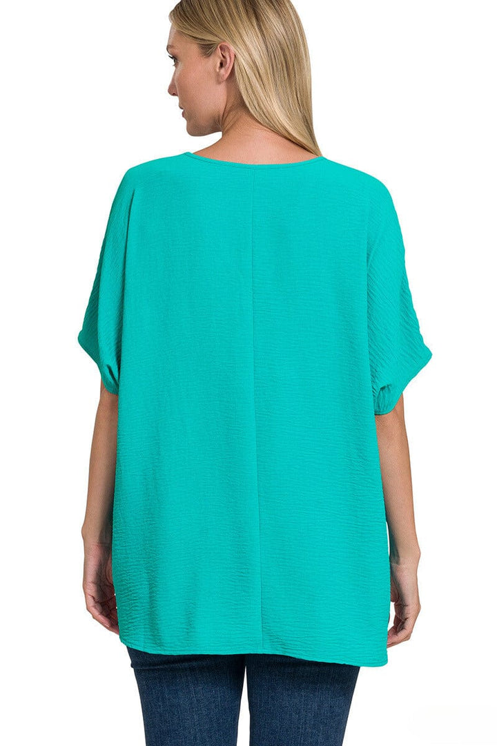 Zenana Woven Airflow V-Neck Dolman Short Sleeve Top