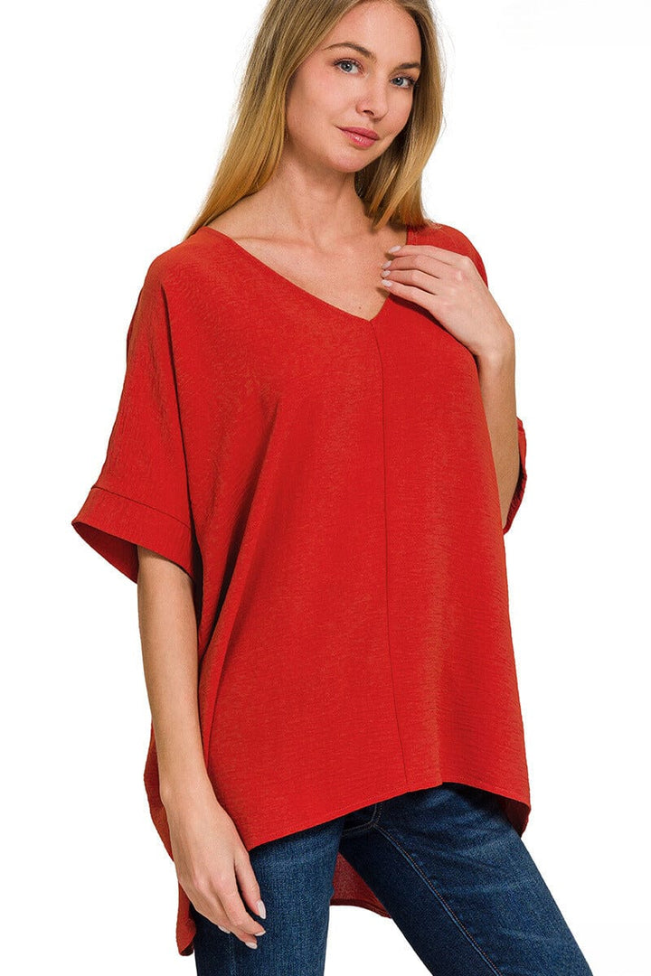 Zenana Woven Airflow V-Neck Dolman Short Sleeve Top