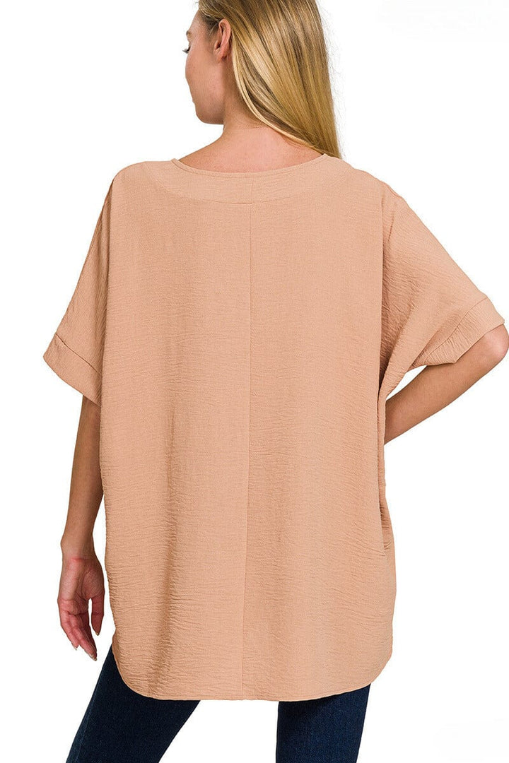 Zenana Woven Airflow V-Neck Dolman Short Sleeve Top