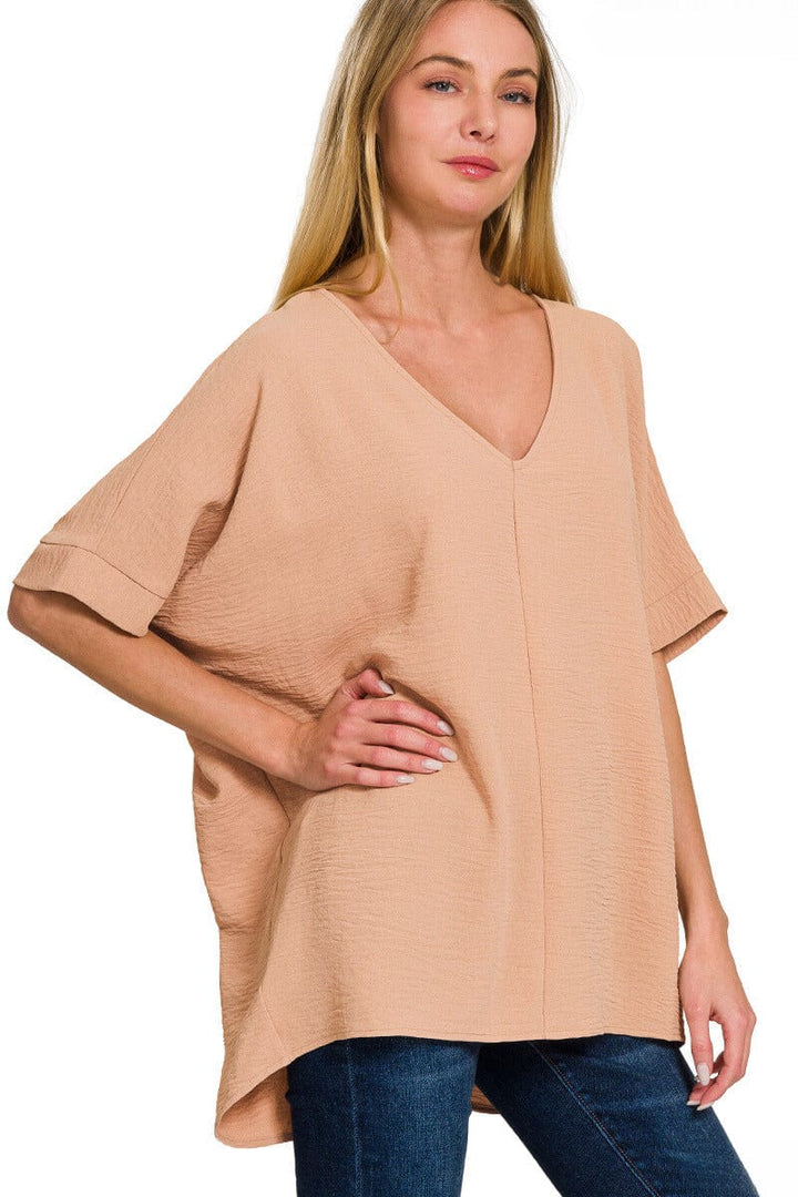 Zenana Woven Airflow V-Neck Dolman Short Sleeve Top