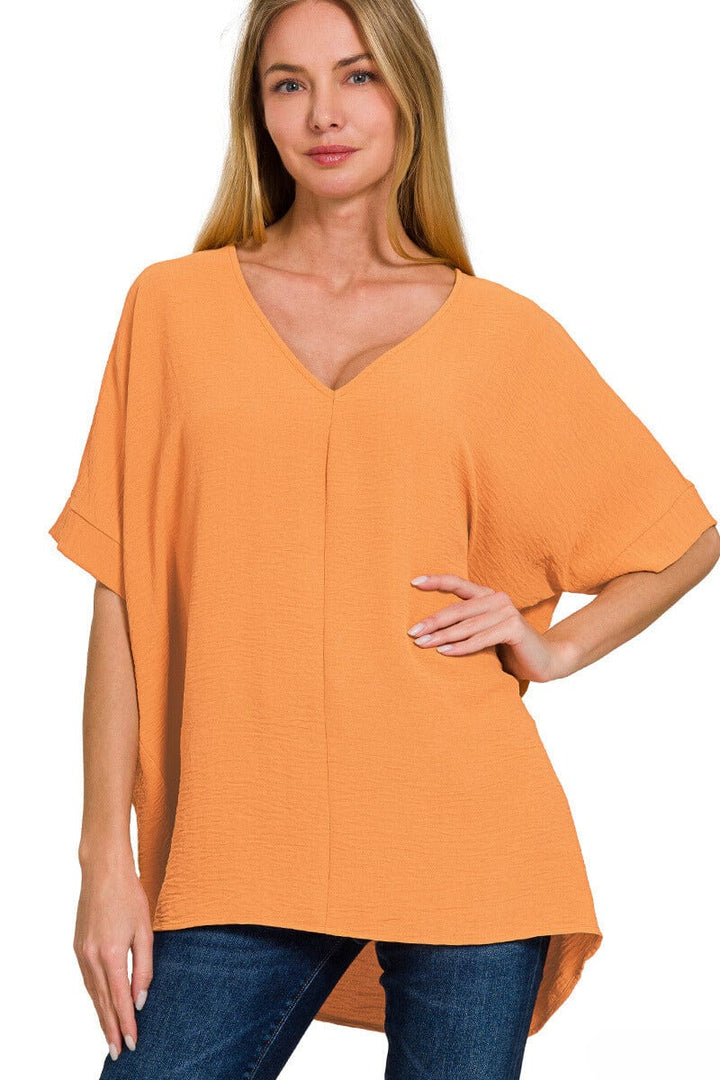 Zenana Woven Airflow V-Neck Dolman Short Sleeve Top