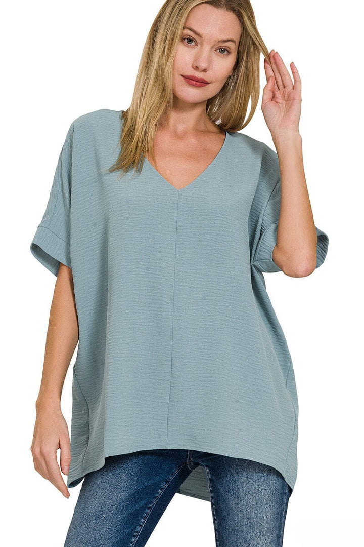 Zenana Woven Airflow V-Neck Dolman Short Sleeve Top