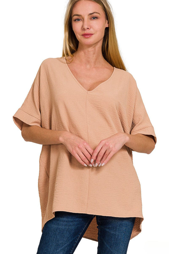 Zenana Woven Airflow V-Neck Dolman Short Sleeve Top