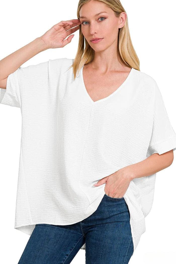 Zenana Woven Airflow V-Neck Dolman Short Sleeve Top