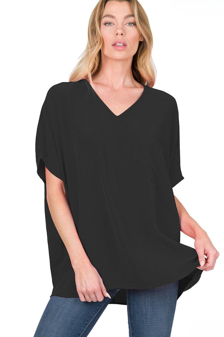 Zenana Woven Airflow V-Neck Dolman Short Sleeve Top