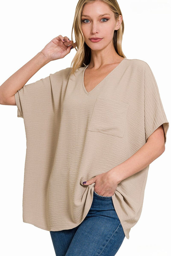 Zenana Woven Airflow V-Neck Dolman Short Sleeve Top