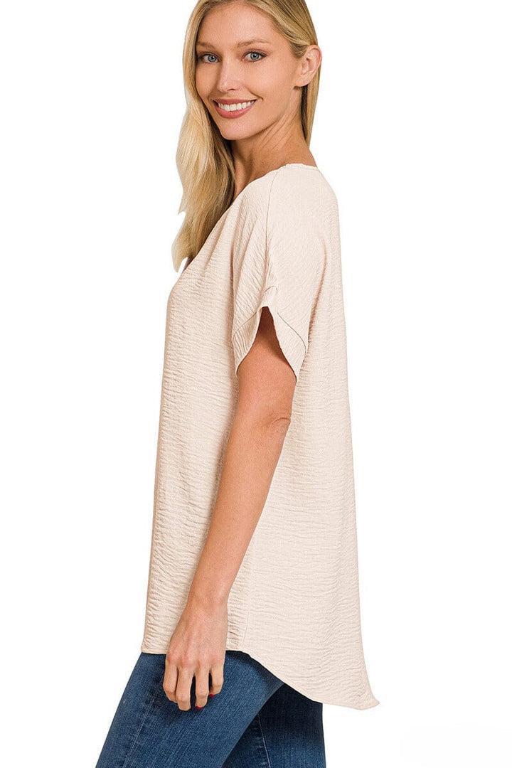 Zenana Woven Airflow V-Neck Hi-Low Hem Top