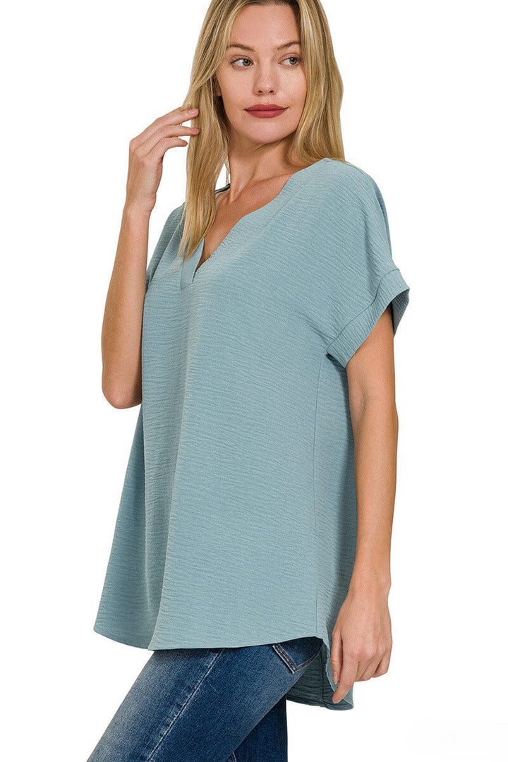 Zenana Woven Airflow V-Neck Hi-Low Hem Top