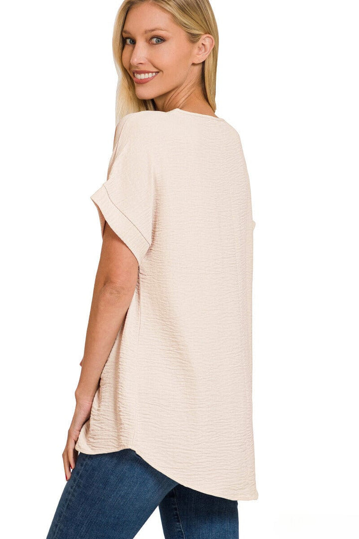 Zenana Woven Airflow V-Neck Hi-Low Hem Top