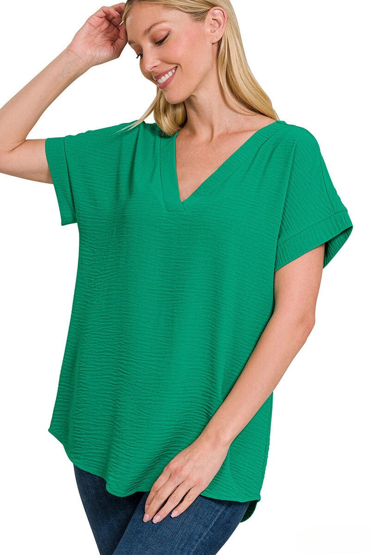 Zenana Woven Airflow V-Neck Hi-Low Hem Top