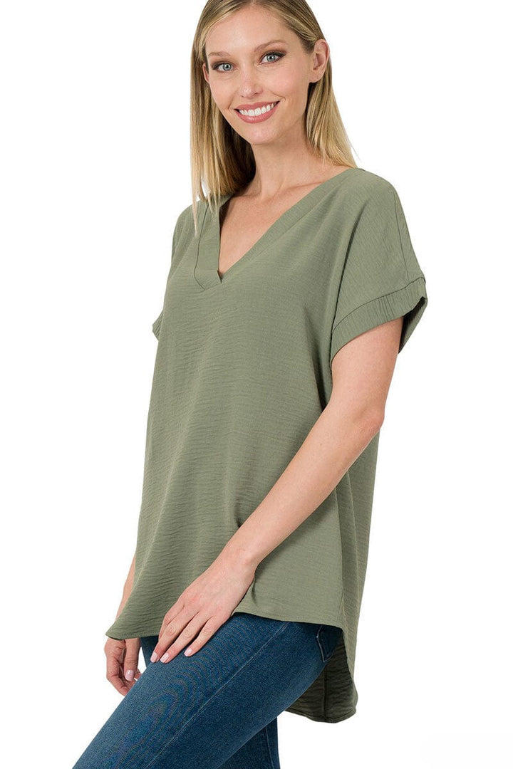 Zenana Woven Airflow V-Neck Hi-Low Hem Top