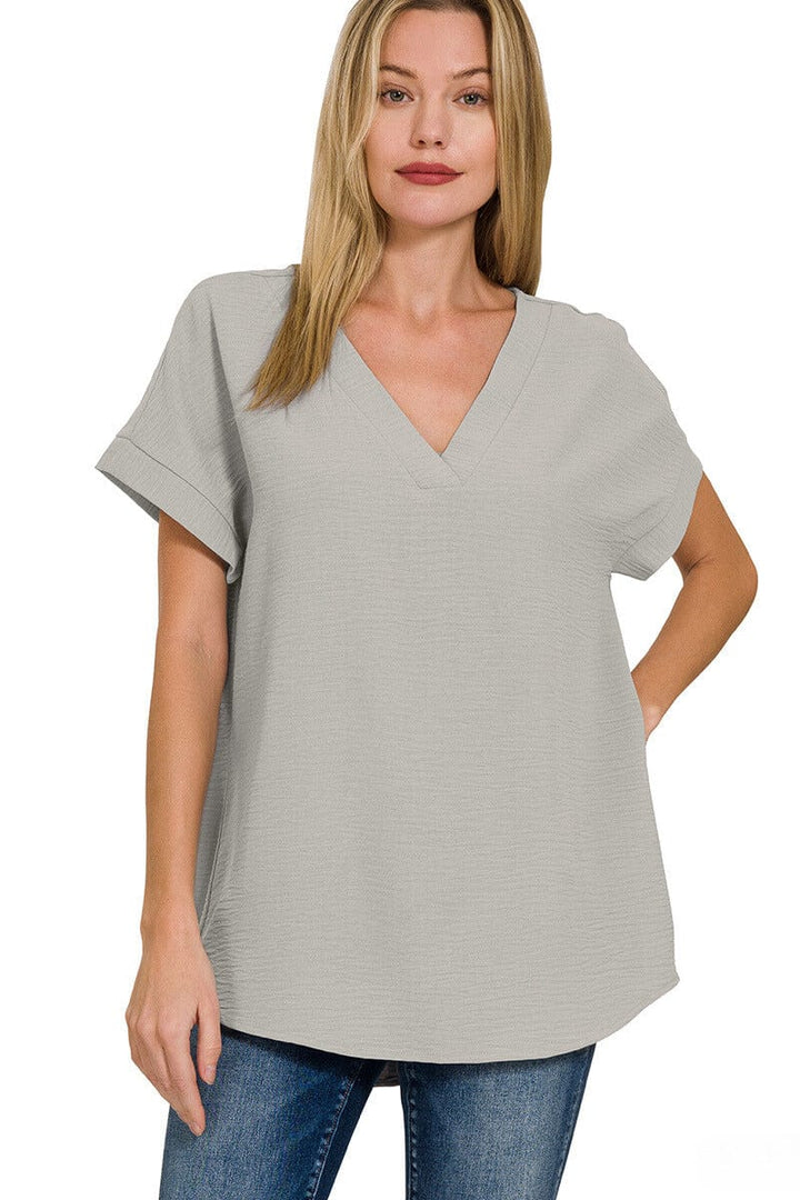 Zenana Woven Airflow V-Neck Hi-Low Hem Top