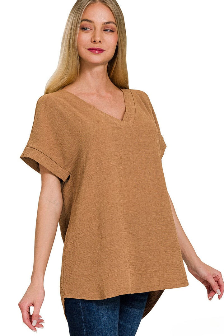 Zenana Woven Airflow V-Neck Hi-Low Hem Top