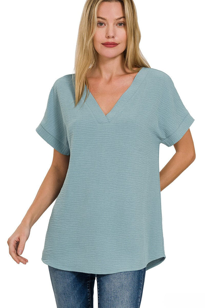 Zenana Woven Airflow V-Neck Hi-Low Hem Top