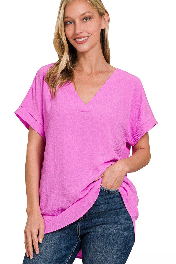 Zenana Woven Airflow V-Neck Hi-Low Hem Top