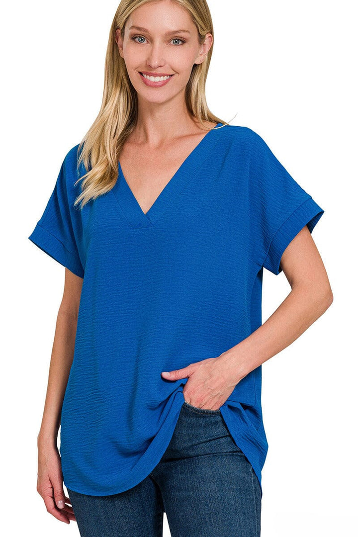 Zenana Woven Airflow V-Neck Hi-Low Hem Top