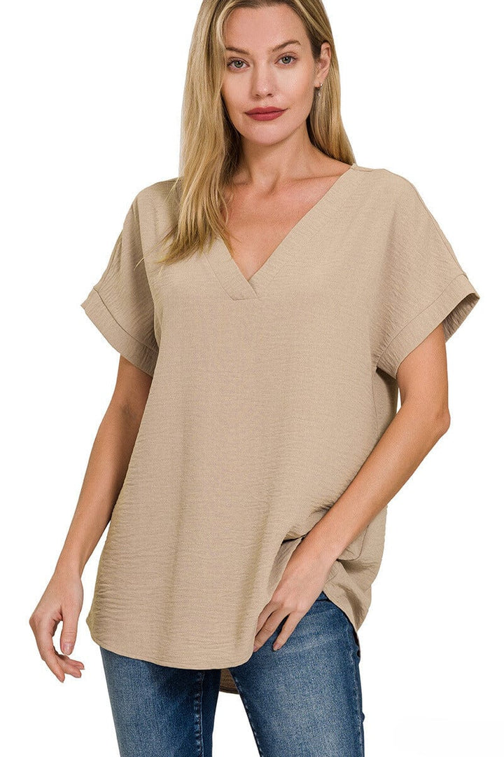 Zenana Woven Airflow V-Neck Hi-Low Hem Top