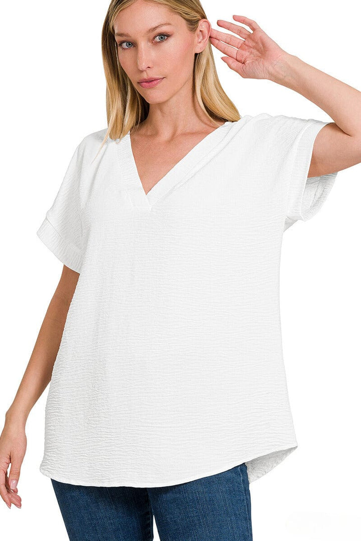 Zenana Woven Airflow V-Neck Hi-Low Hem Top